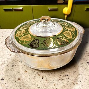 Vintage Fire-King 2 Qt Casserole w/ Culver Ltd 22K Gold & Green Lid Excellent